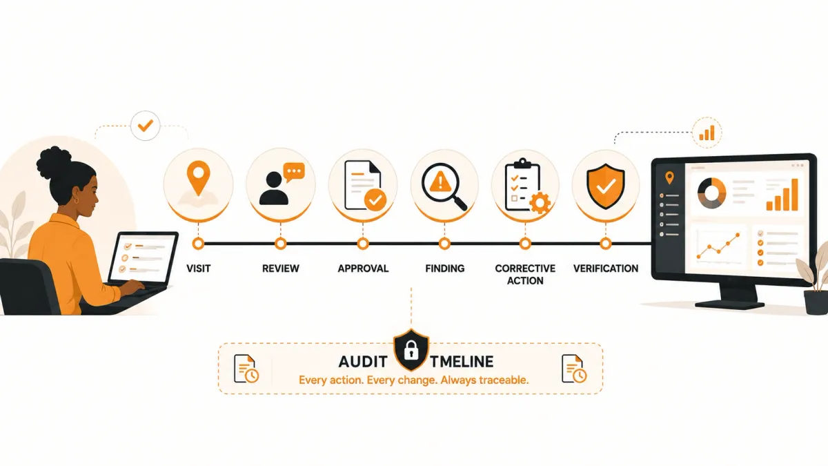 Editorial illustration of an audit trail showing the journey from field visits and review to approval, corrective actions, verification and operational dashboard reporting.
