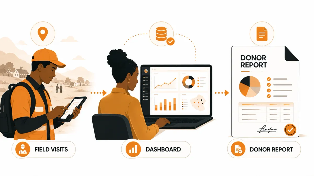 Editorial illustration showing field visit data flowing into an operational dashboard and a donor report to improve reporting speed, data quality and accountability.