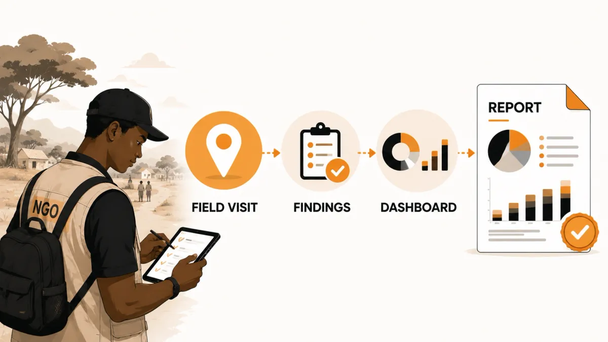 Editorial illustration of an NGO field officer conducting a field visit with data flowing into findings, an operational dashboard and an enterprise report.