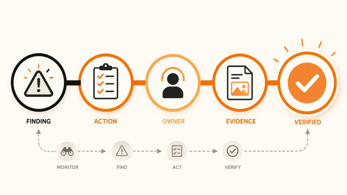 Monitoring finding progressing through assigned corrective action, evidence and verification to confirmed resolution.