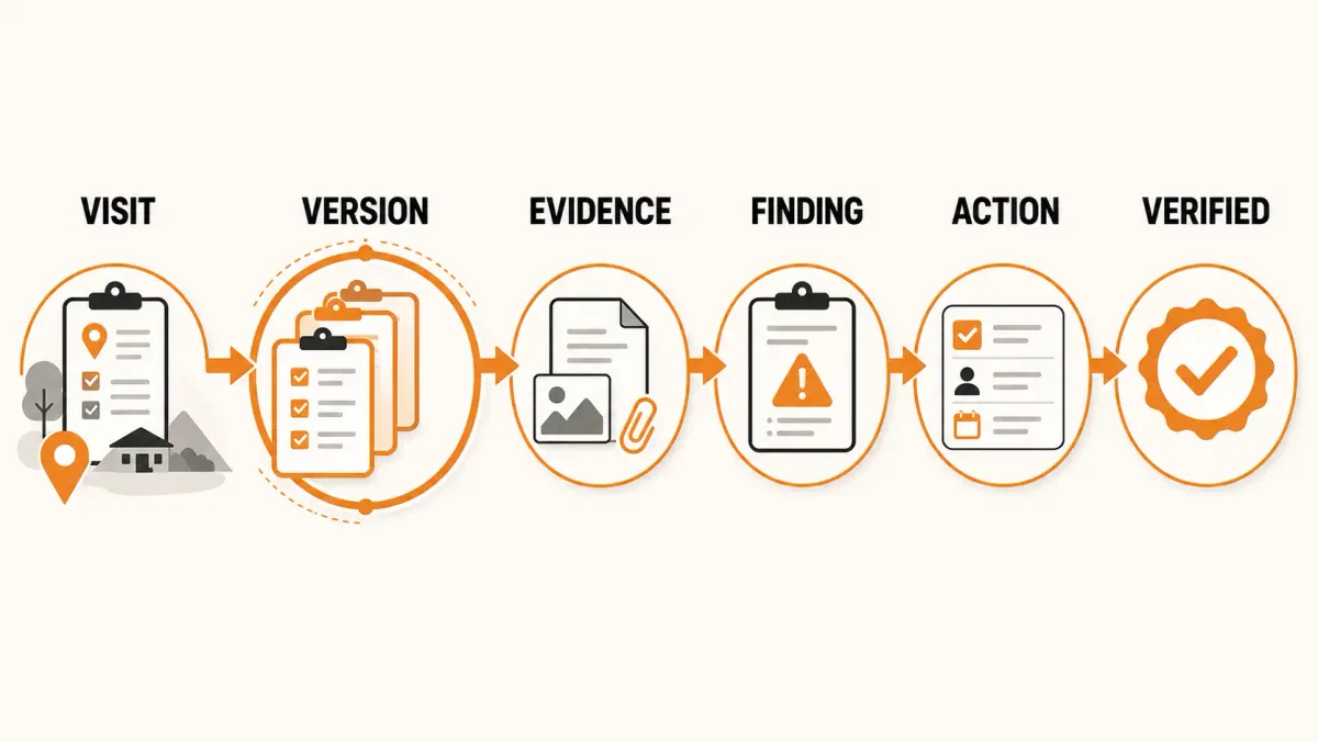 Auditable field visit lifecycle showing preserved versions, evidence, findings, corrective actions and verified resolution.