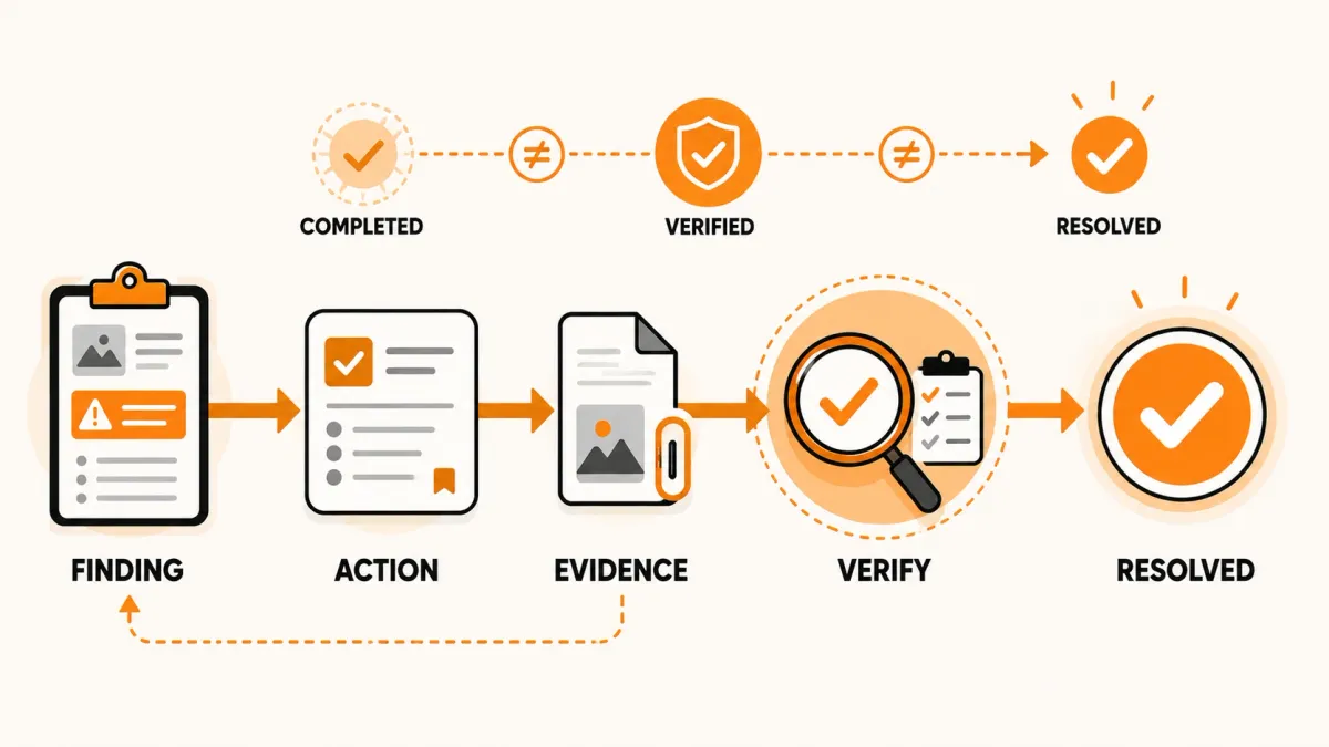 Corrective action progressing from finding and evidence through verification to confirmed resolution.