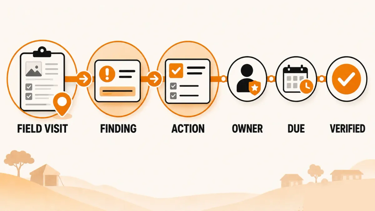 Field monitoring visit linked to a finding, corrective action, responsible owner, deadline and verification.