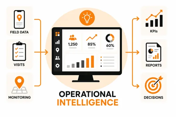 Editorial illustration showing field data, visits and monitoring flowing into operational intelligence dashboards that support KPIs, reporting and better decisions.