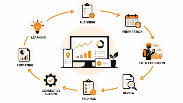 Editorial illustration of the complete field operations lifecycle showing planning, preparation, field execution, review, findings, corrective actions, reporting and continuous learning.