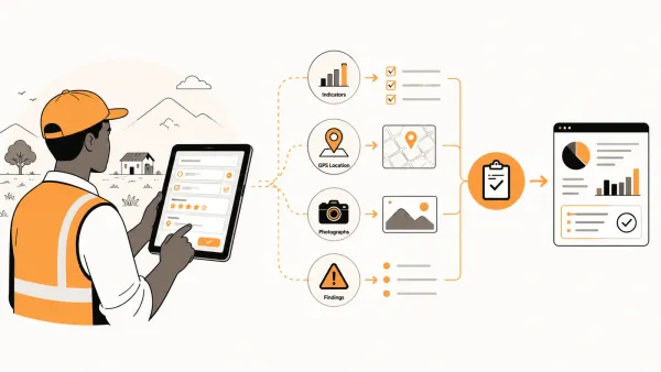 Illustration of a field officer using a digital monitoring template connected to indicators, GPS locations, photographs and findings.