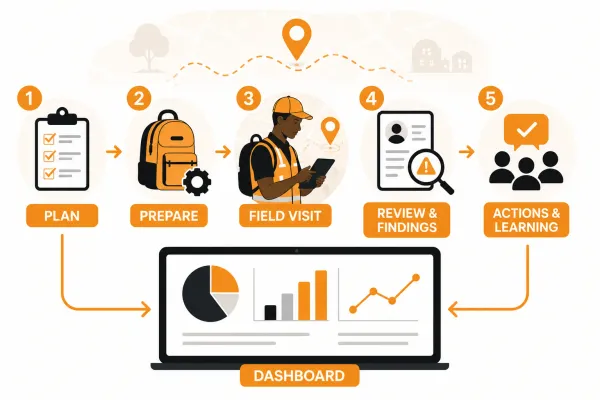 Editorial workflow showing planning, preparation, field visits, review, findings, corrective actions, learning and an operational dashboard.