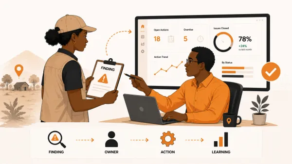 Editorial illustration showing a field finding becoming an assigned action, tracked on a dashboard and completed through ownership, verification and organizational learning.