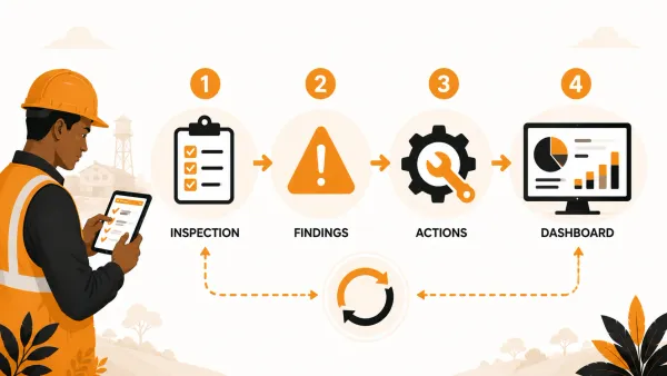 Editorial illustration showing an inspection workflow from inspection and findings to corrective actions, dashboards and continuous improvement.