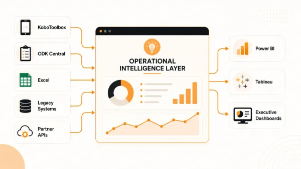 Editorial illustration showing KoboToolbox, ODK, Excel, legacy systems and partner APIs feeding an operational intelligence layer that powers Power BI, Tableau and executive dashboards.