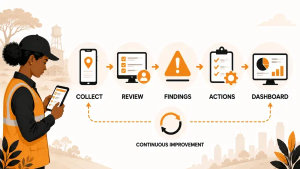 Editorial illustration of a mobile data collection workflow showing field data flowing through review, findings, corrective actions and dashboards for continuous improvement.
