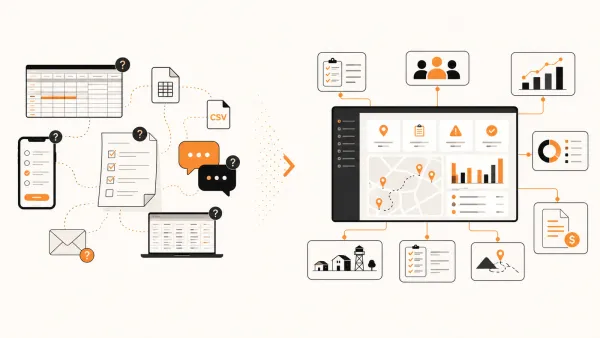 Illustration comparing disconnected NGO monitoring tools with a connected operational intelligence dashboard.