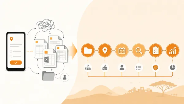 Digital field data flowing from collection and spreadsheets into a connected monitoring workflow of projects, sites, visits, findings, actions and performance.