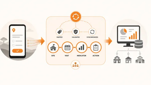 KoboToolbox field data connected to DHIS2 through a structured operational monitoring layer for sites, visits, indicators and actions.