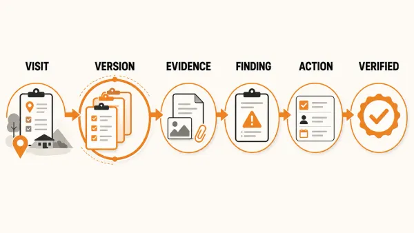 Auditable field visit lifecycle showing preserved versions, evidence, findings, corrective actions and verified resolution.