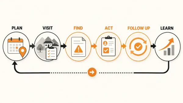 Complete field visit lifecycle showing planning, monitoring visit, findings, corrective action, follow-up and learning feeding into the next monitoring cycle.