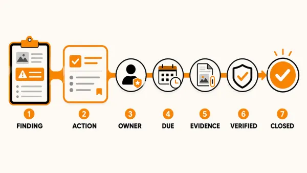 Field monitoring finding progressing through corrective action, ownership, deadline, evidence, verification and closure.