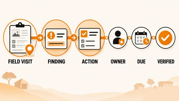 Field monitoring visit linked to a finding, corrective action, responsible owner, deadline and verification.